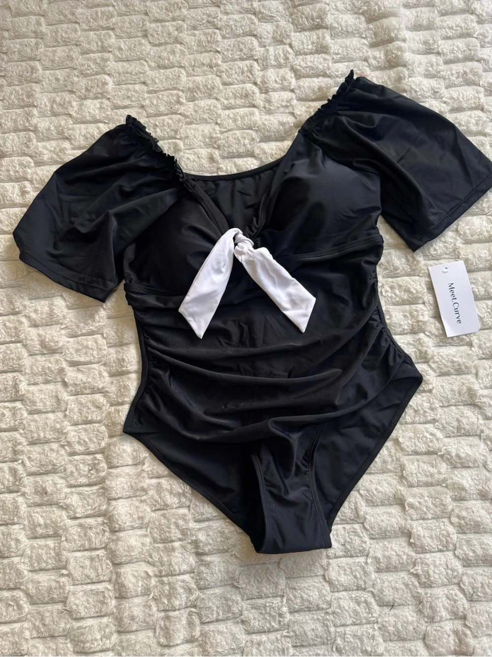 NWT Meet.Curve Black Off Shoulder One Piece Swimsuit White Bow Size Medium